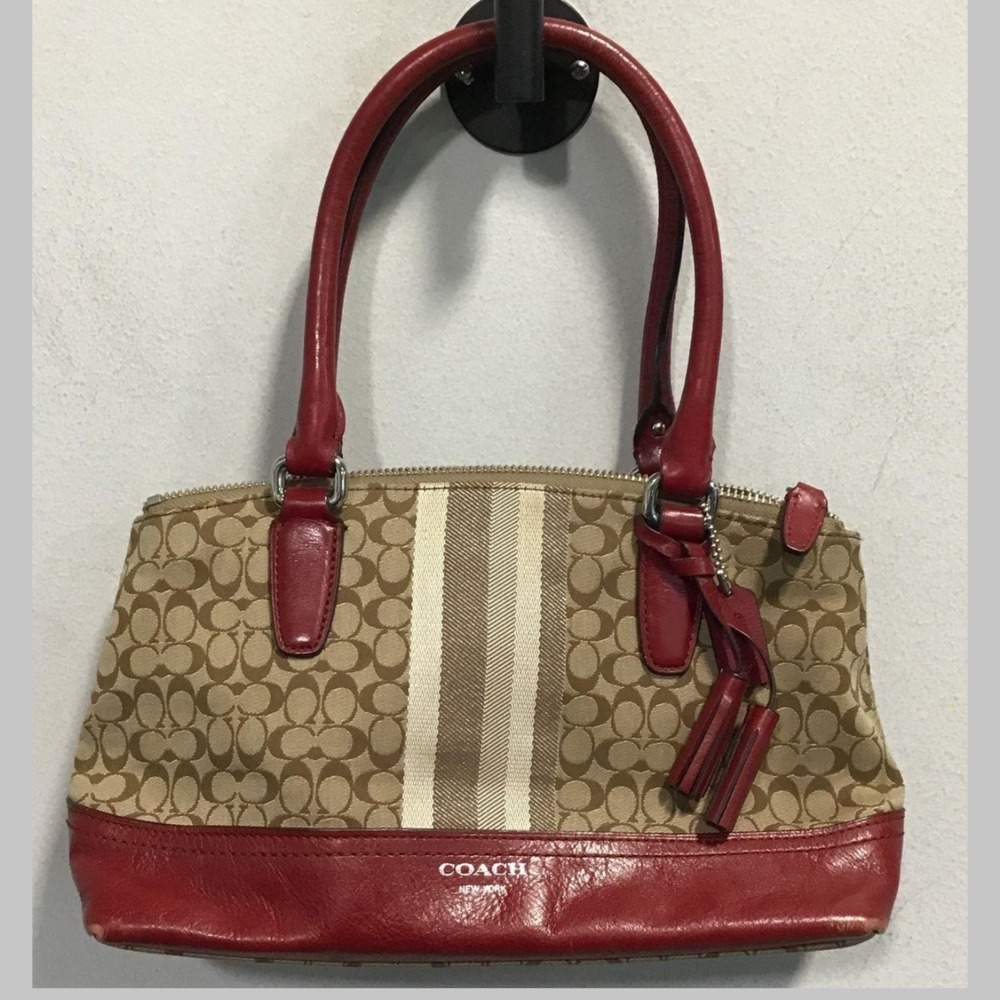 Coach Signature Monogram Shoulder Bag Brown Khaki Red Leather Trim Y2K Legacy - Picture 6 of 7
